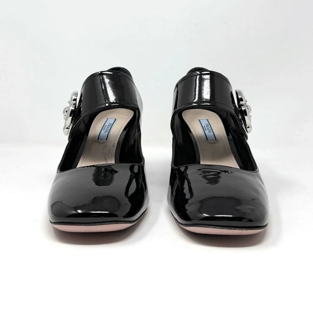Prada Black Patent Mary Jane‎ Heels Silver Buckle Block Pumps 38.5